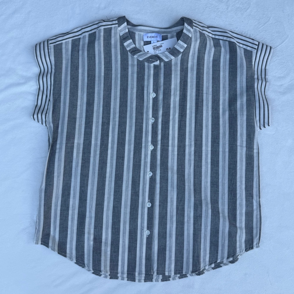Gray and White Striped Sleeveless Button-Up Shirt